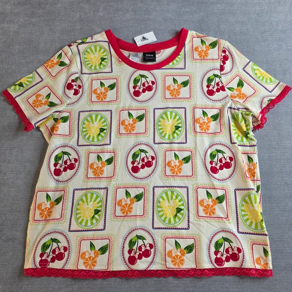 Disney Her Universe Tops - Disney Her Universe Fruit Print Top Women XL Cream NWT Mickey Mouse Lace Trim